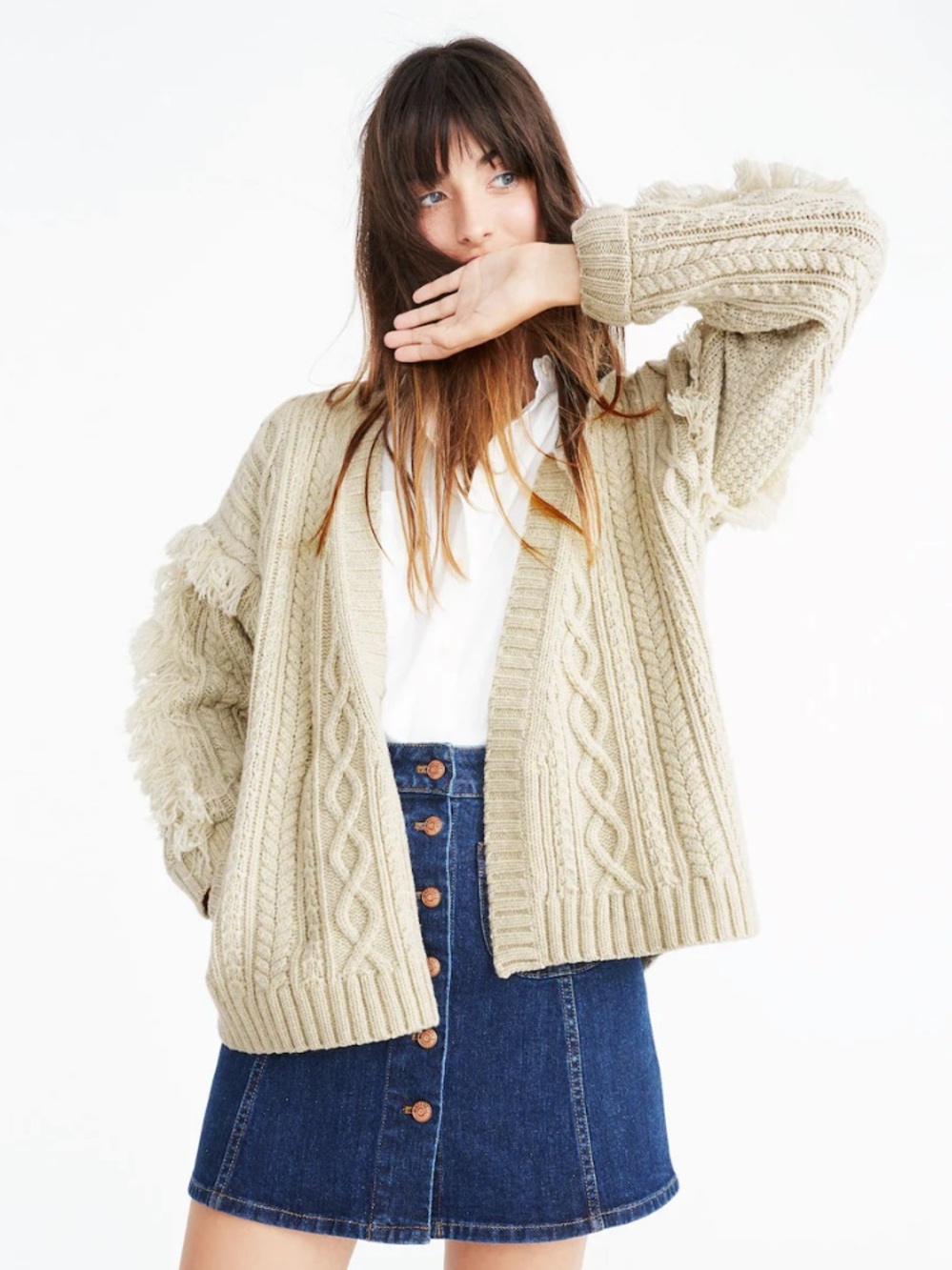 Madewell merino wool beige oversized fringe cable knit cardigan